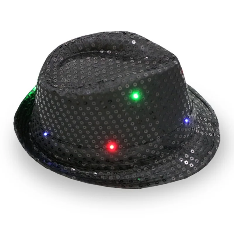 Черный Для мужчин и женщин светодиодный светильник с блестками Fedora hats Flash светильник для джазовых танцев шляпы Вечерние - Цвет: Черный