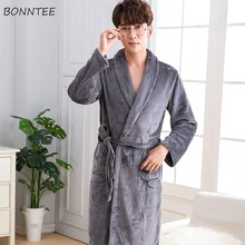Мужские халаты в Корейском стиле, зимний теплый мужской халат высокого качества, простой халат Харадзюку, длинная фланелевая одежда с длинным рукавом