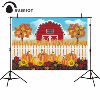 

Allenjoy Farmhouse Backdrops Photobooth Barn Pumpkin Wheat Maple Sunflower Blue Sky Cloud Backgrounds Autumn Party Banners Decor