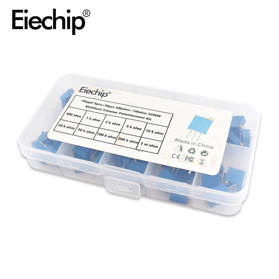 50pcs/lot 3296W series 500R 1K 2K 5K 10K 20K 50K 100K 200K 1M multi-turn potentiometer 10K Variable resistors  With box set