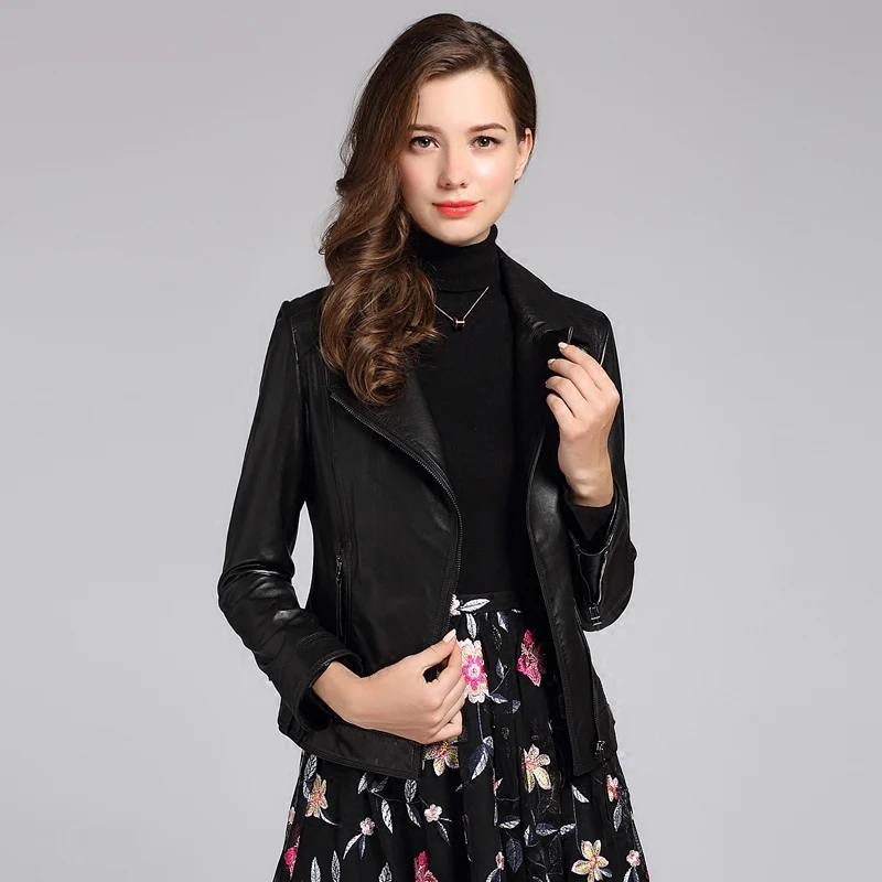 

Genuine Women Sheepskin Leather Coat Suit Collar Short Slim Motorcycle Jacket Jaqueta CN126P01 MF120