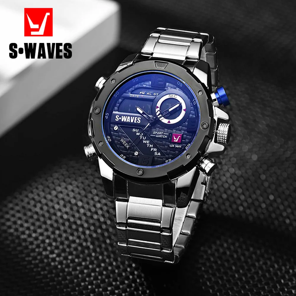 Günstige SWAVES Dual Display Uhr Männer Uhr Luxus Wasserdichte Uhren Herren 2019 Quarz Mode Edelstahl Sport Armee Reloj Hombre