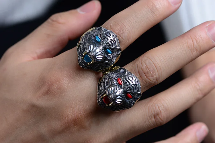 

100%S925 sterling silver exaggerated personality retro Thai silver inlaid tiger head men's ring opening adjustable free shipping