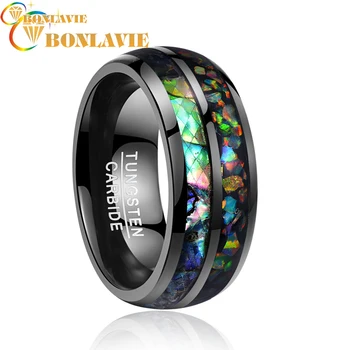 

2020 Newest 8mm Wide Electroplated Black Inlaid Shells Opal Dome Tungsten Steel Wedding Gift Rings Free Shipping