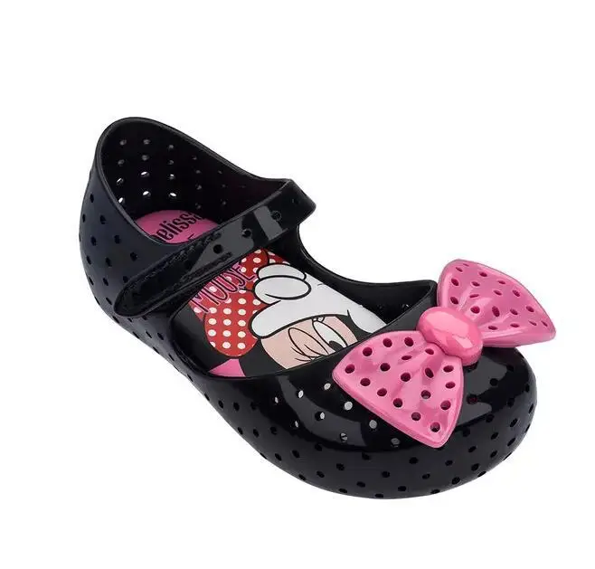 black Melissa/мини-обувь г. Новая летняя прозрачная обувь принцессы с бантом и Микки Нескользящие пляжные сандалии для девочек ясельного возраста штифт для пирсинга SH19090 - Цвет: black