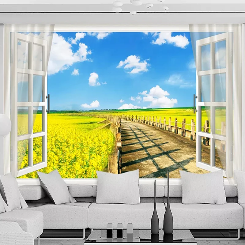 

Drop Shipping Custom Photo Wallpaper 3D Outside The Window Scenery Path Fields Blue Sky And White Clouds 3D Wall Sticker