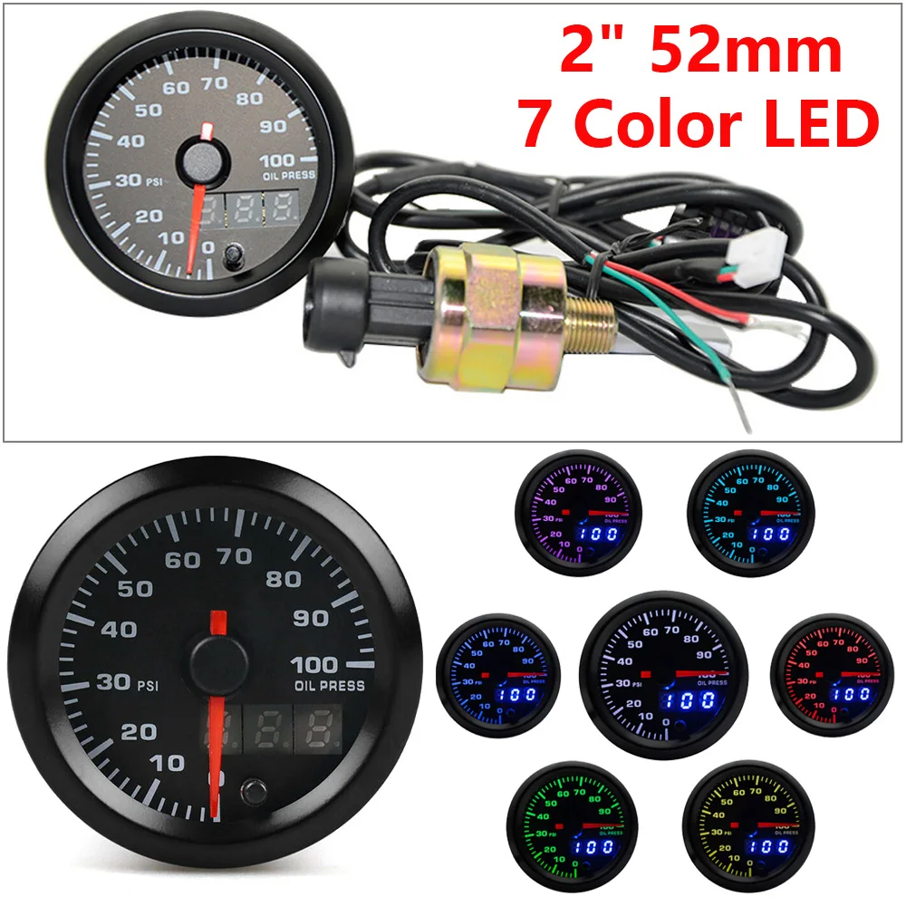 

2 Inch Motorcycle 52MM Oil Pressure Gauge 12V LED Digital Display With Oil Pressure Sensor Accessories Integrated Pointer LCD