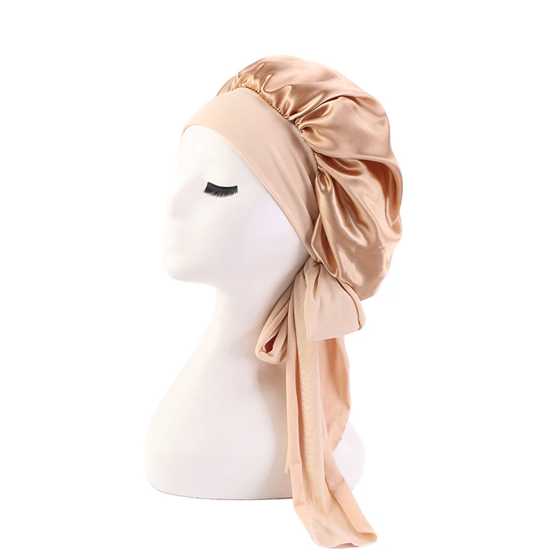 50pcs/lot Solid Satin Bonnet with Wide Stretch Ties Long Hair Care Women Night Sleep Hat Adjust Hair Styling Cap Silk Head Wrap