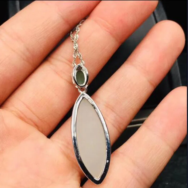 925 Sterling Silver White Green HeTian Jade Inlay Water Drop Lucky Pendant+ Chain Necklace For Women Charm Fine Jewelry Gift