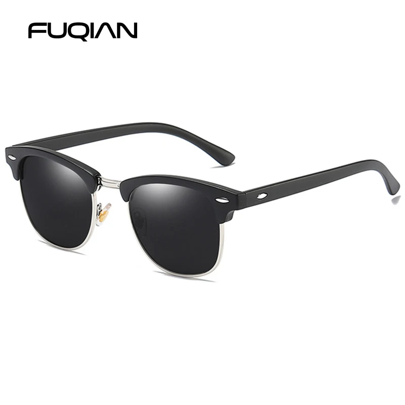 FUQIAN классические солнцезащитные очки поляризационные для мужчин и женщин ретро Квадратные Заклепки солнцезащитные очки мужские очки для вождения UV400 - Цвет линз: Sand Black Black