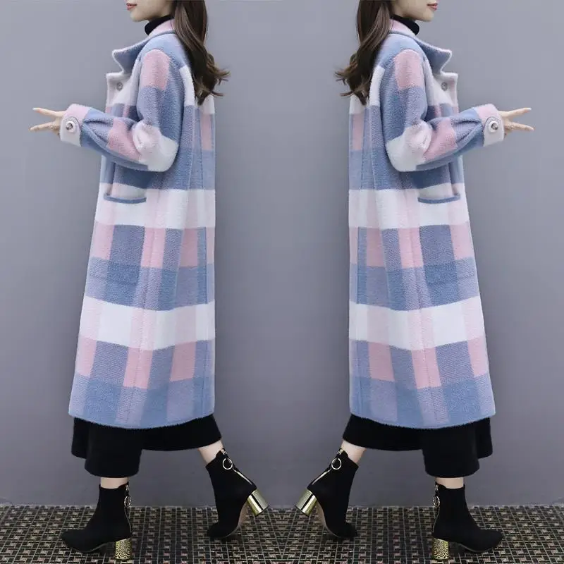 

Fall / Winter 2019 New Mink-like Fleece Jacket Women's Long Knee Thicken Plaid Woolen Coat