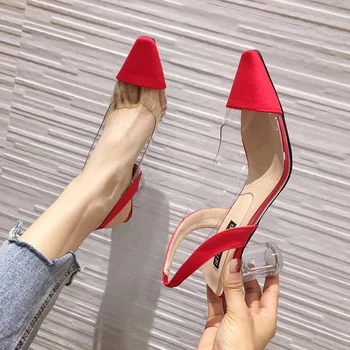 

Pointed Women Sandals Transparent Dress Shoes Round Clear High Heels Sandals Back Strap Elegant Summer Sandals Red Shoes Woman