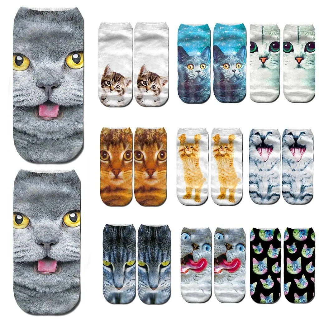 New Design Novelty 10 Pairs Women 3D Funny Cat Print Ankle Socks Cute Colorful Cartoon Cat Sock New Year Socks Gift For Adult