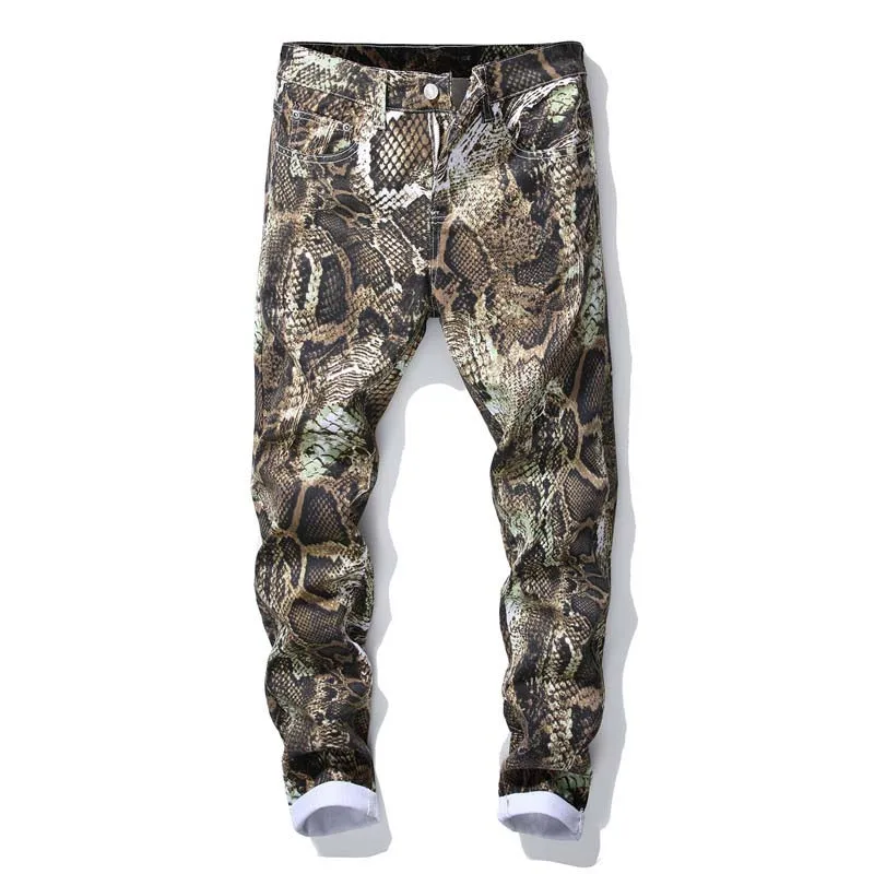 KIOVNO мужские Модные джинсы с принтом, штаны со змеиной кожей, стильные джинсовые штаны для ночного клуба, Мужская Уличная одежда