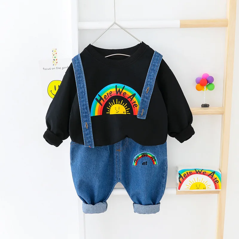 Spring Infant Clothing For Baby Boy Set Rainbow Pattern Hoodie Top+Denim Suspenders Pants 2pcs Black White Cotton Toddler Suit