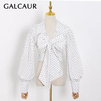

GALCAUR Elegant Patchwork Bowknot Women Shirt Lapel Long Sleeve Polka Dot Short Tops Female 2020 Summer Fashion New Clothing