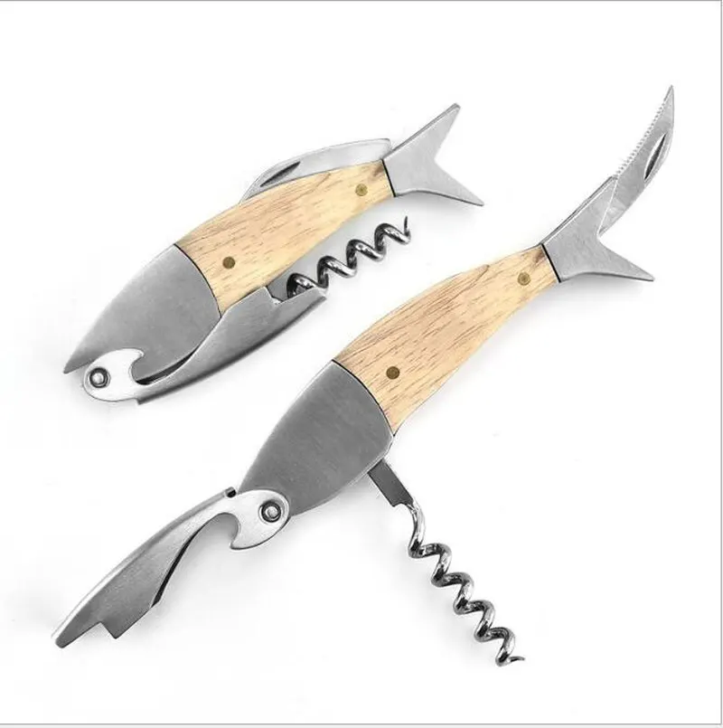 

Многофункциональный штопор из нержавеющей стали в форме рыбы, винтовой штопор из массива дерева, штопор, открывалка для пивных бутылок, барные инструменты