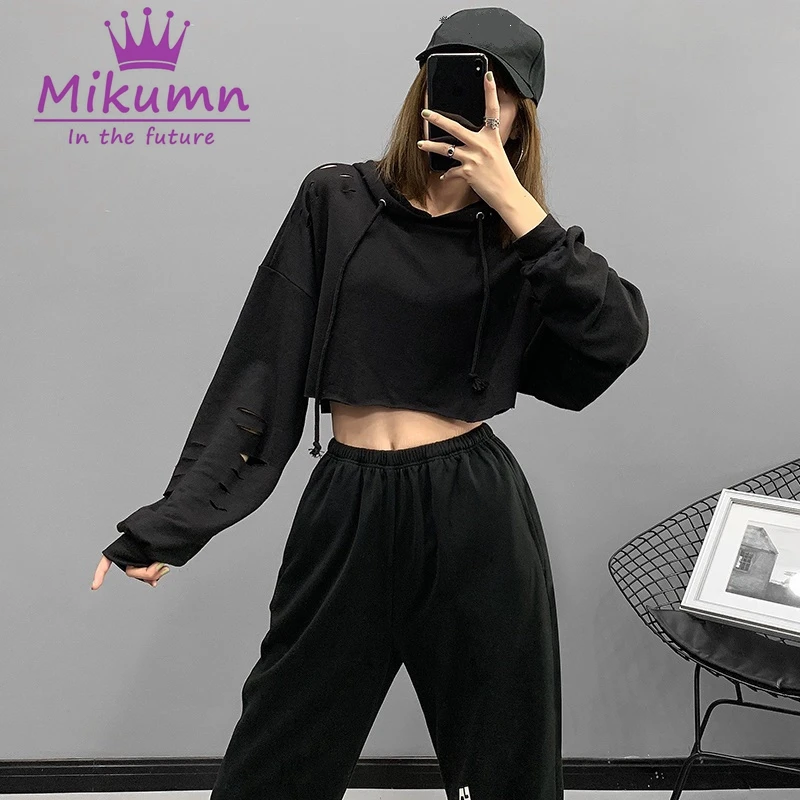 

Spring Autumn Hoodies Women Sweatshirt Long Sleeve Hole Design Black Casual Pullover Harajuku Punk Streetwear