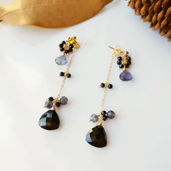 

LiiJi Unique Natural Black Spinel Iolite Beads Stud Earrings 925 Sterling Silver Handmade Delicate Jewelry