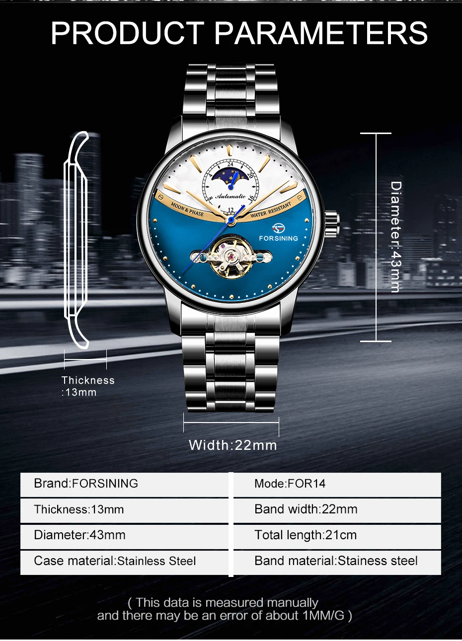 Новые механические часы FORSINING Blue Tourbillon, Мужские автоматические часы с фазой Луны, часы из натуральной нержавеющей стали для мужчин, мужские часы