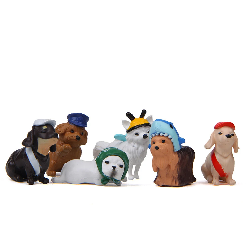 6Pcs Cute Hat Dog Puppy Model Figurine Desk Decor Miniature Landscape Accessory