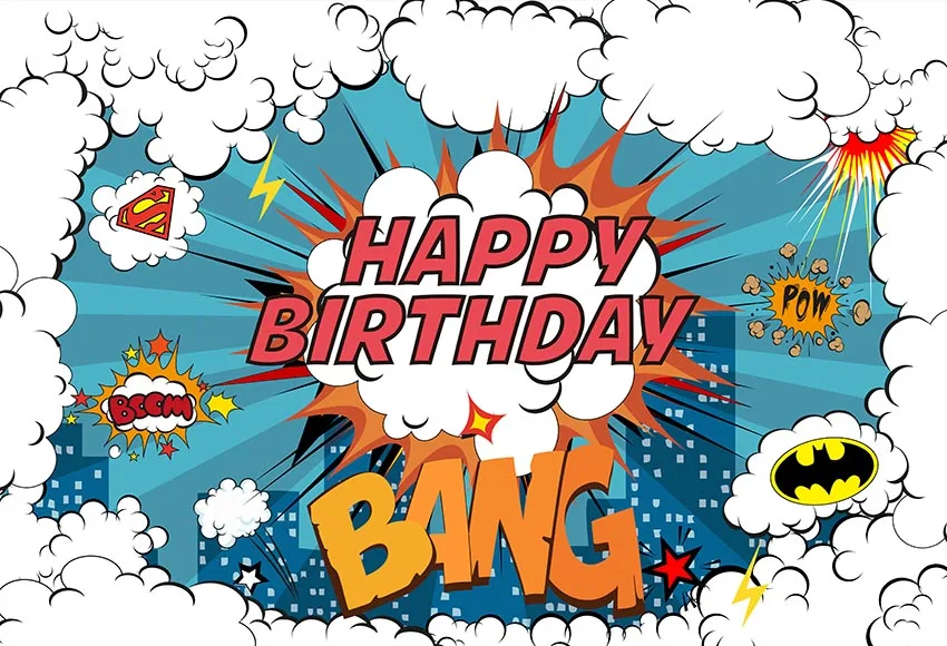 7x5FT Happy Birthday Party White Clouds Superhero Headquarter Custom 7x5FT Happy Birthday Party White Clouds Superhero Headquarter Custom