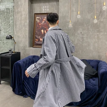 

2019 Winter New Korean Casual Japanese Men's Loose Houndstooth Long Street l Elements Windbreaker