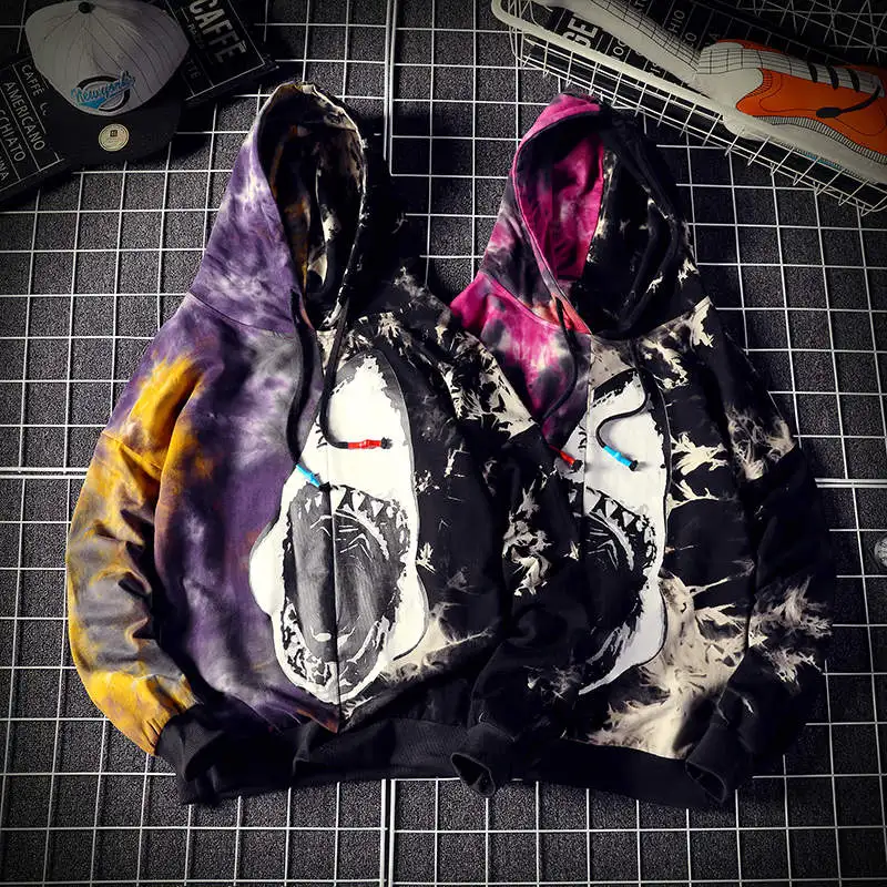 SingleRoad мужские толстовки негабаритных Tie Dye пэчворк Акула Harajuku Японская уличная одежда хип-хоп толстовка мужская Толстовка
