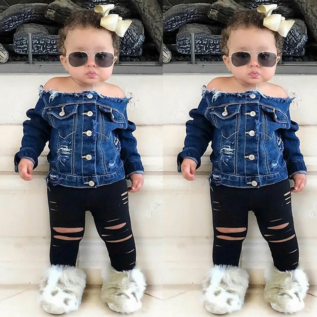 Fashion Children Clothes Kids Girls Long Sleeve Off Shoulder Denim Coat Tops Ripped Pants Outfits Set conjunto infantil menina | Детская