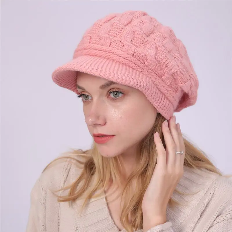 Женская Зимняя Вязаная Шапка-бини с козырьком, мягкий плюшевый лыжный берет, шапка 517D
