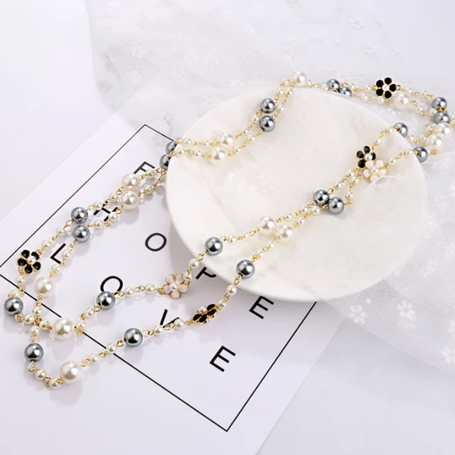 Women's Small Fragrant Long Pearl Necklace Black White Camellia Jewelry  Multilayer Sweater Chain Autumn and Winter Accessories - AliExpress