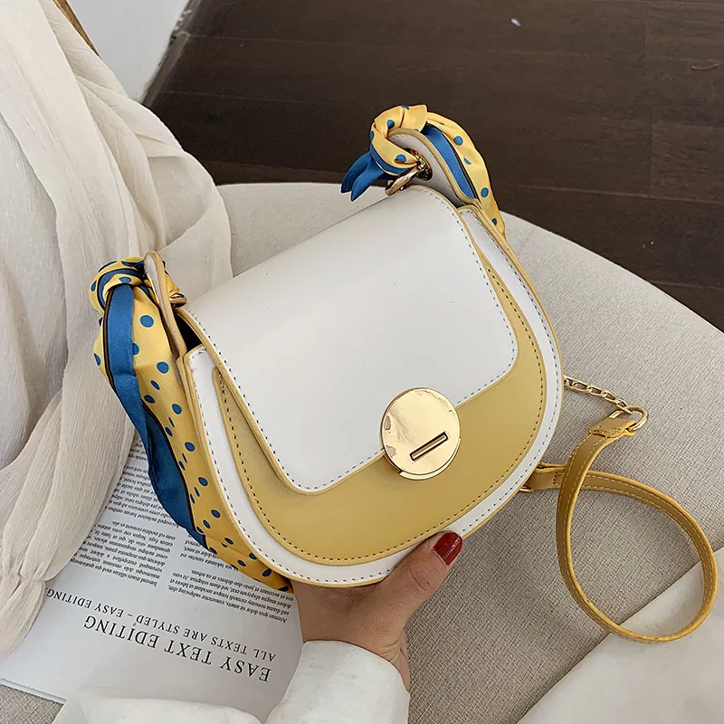 

Summer Bag Women's 2019 New Style Fashion Contrast Color Saddle Bag Versatile Polka Dot Silk Scarves Wide-Strap Crossbody Bag