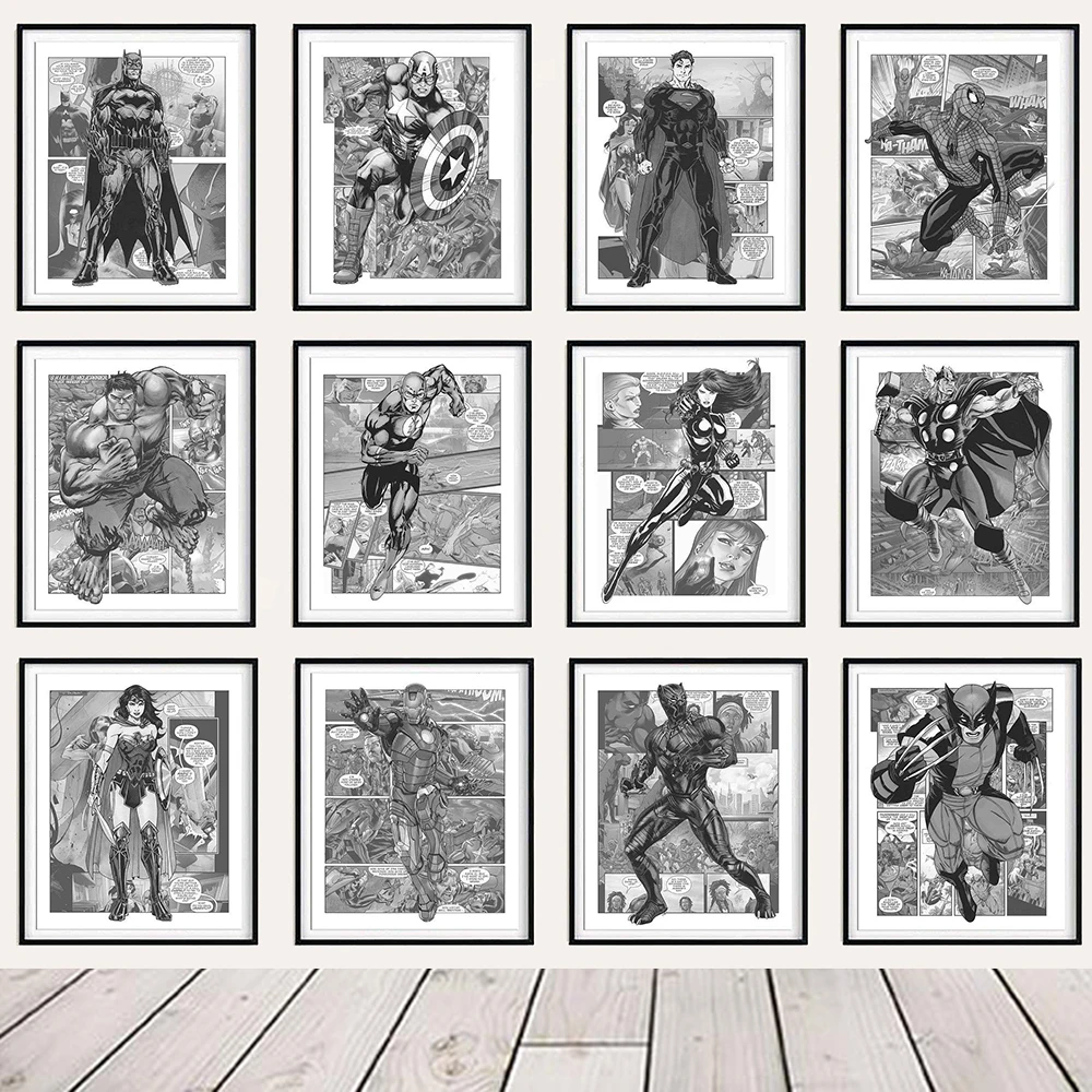 

Black And White Comics Avengers Posters Superhero Print Canvas Painting Anime Pictures Wall Art Pictures Boy Room Decor