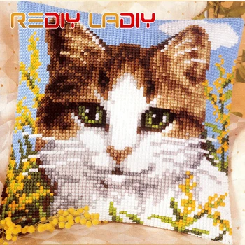 

Cross Stitch Cushion Cat Family Make Your Own Pillow DIY Chunky Cross Stitch Kit Pre-Printed Canvas Acrylic Yarn Pillow Case