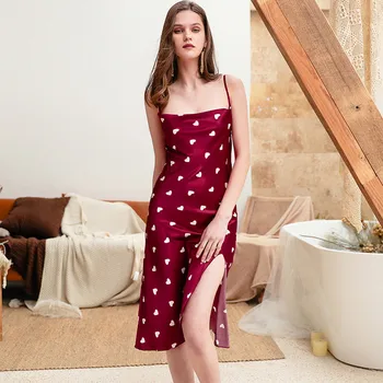 

Women Sexy Lingerie Nightdress Sleepwear 2020 Dress Babydoll Red Print Underwear Sleeveless V-Neck Midi-Long Sexy Nightgown Pija