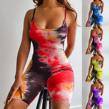 

Sexy Tie Dye Short Jumpsuit Women Overalls Summer Casual Bodycon Printed Playsuit Sleeveless One Piece Backless Rompers Bodysuit