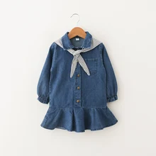 Детское джинсовое платье; коллекция года; сезон весна; Детские платья с темно-синим воротником для маленьких девочек; модная Милая одежда принцессы с длинными рукавами для торжеств