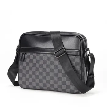 

New Fashion Plaid Men Crossbody Shoulder Bag Leather Messenger Bags Classic Business OL Ipad Pack