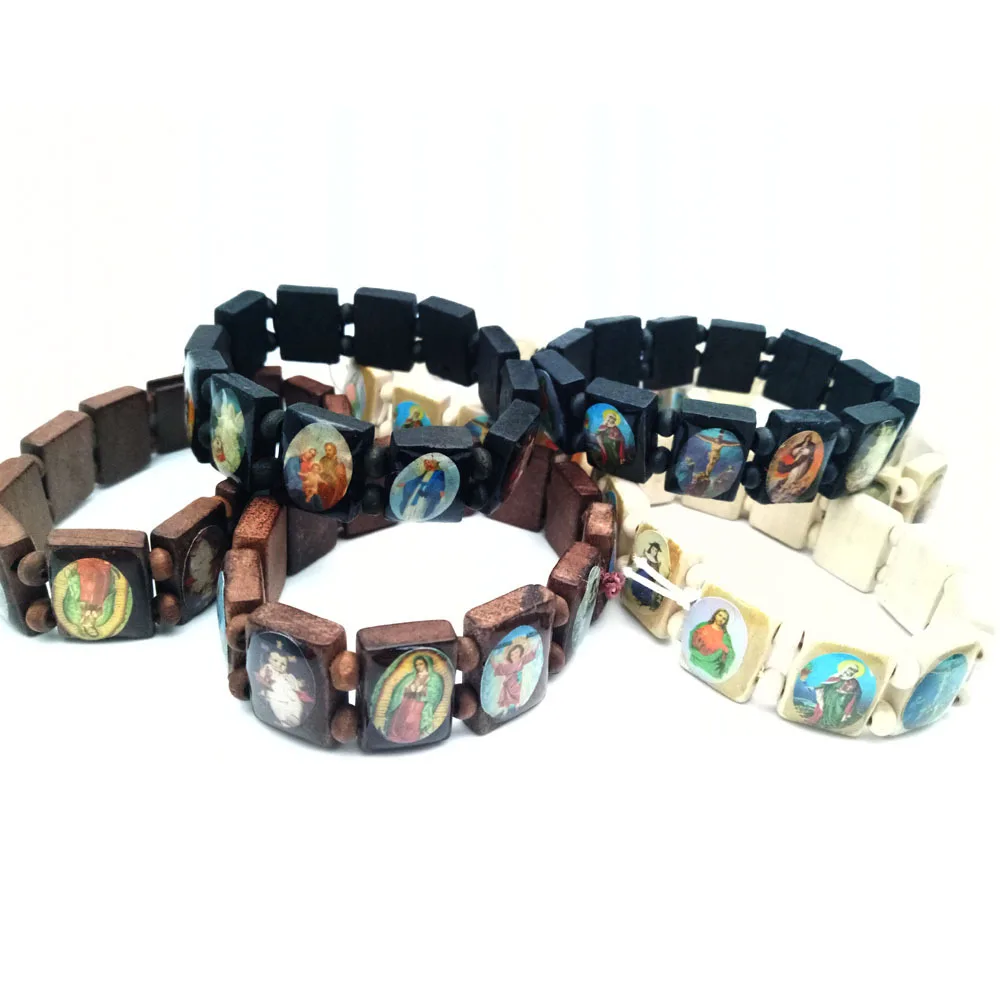 Pulseras iconos religiosos de madera de los santos y Jesús, Unisex, de madera, Paryer, Charm Jewelry para hombre, 2020