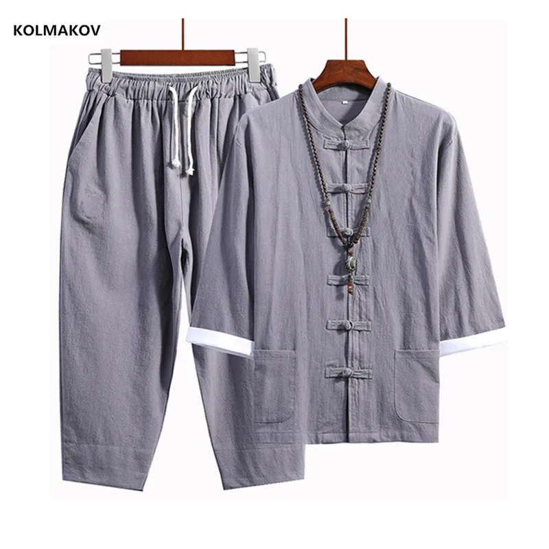 

(Shirt + trousers)2021 autumn fashion three quarter men shirt Cotton and linen shirts men's casual shirts men full size M-5XL