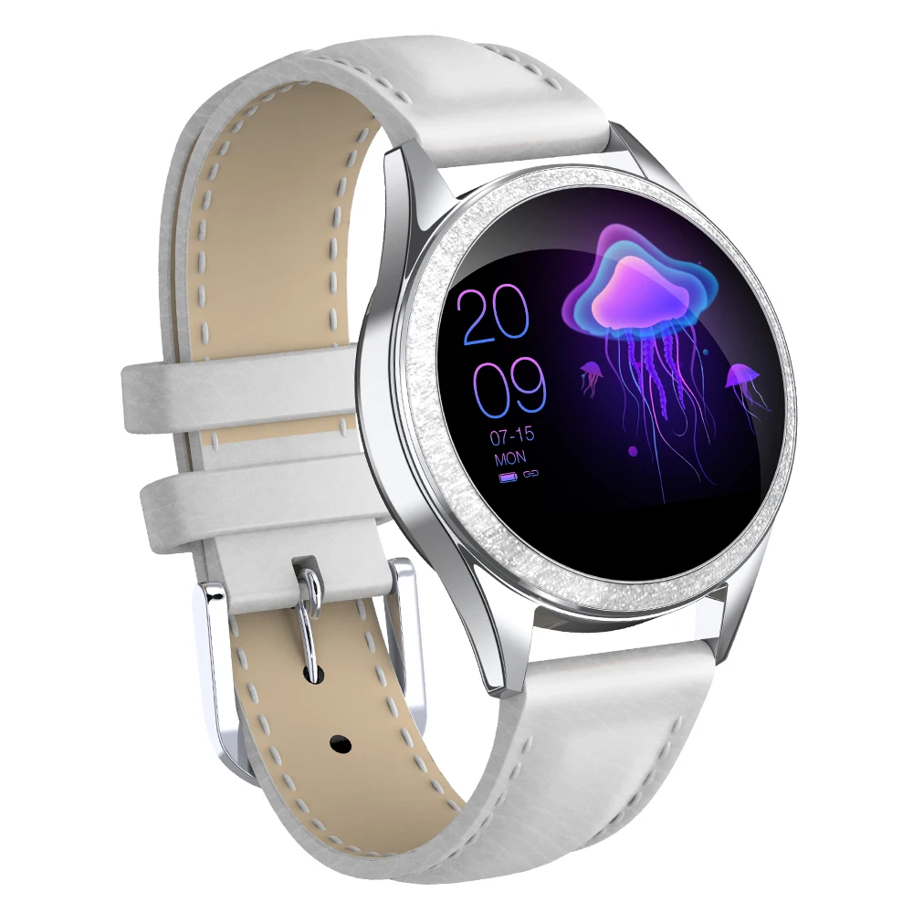 Silver white leather Cobrafly для женщин Смарт часы KW20 Алмазный Сплав IP68 Водонепроницаемый мониторинг сердечного ритма сна Дамская мода Фитнес-браслет часы - Цвет: Silver white leather