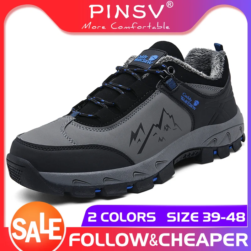 

PINSV 2019 Outdoor Ankle Boots Men Waterproof Leather Boots Men Warm Men Boots Winter With Fur Warm Snow Boots Plus Sizes 39-48