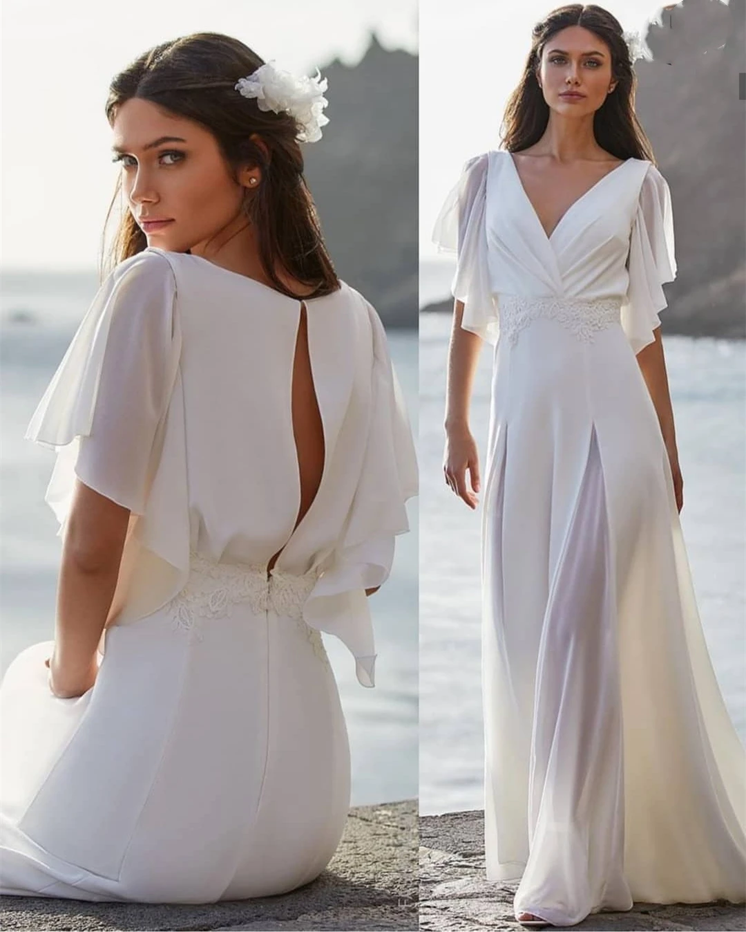 

Simple Beach Boho Wedding Dress 2022 Chiffon V-Neck Bohemian Bridal Gown Elegant For Women Lace Appliques Robe De Mariee Cheap
