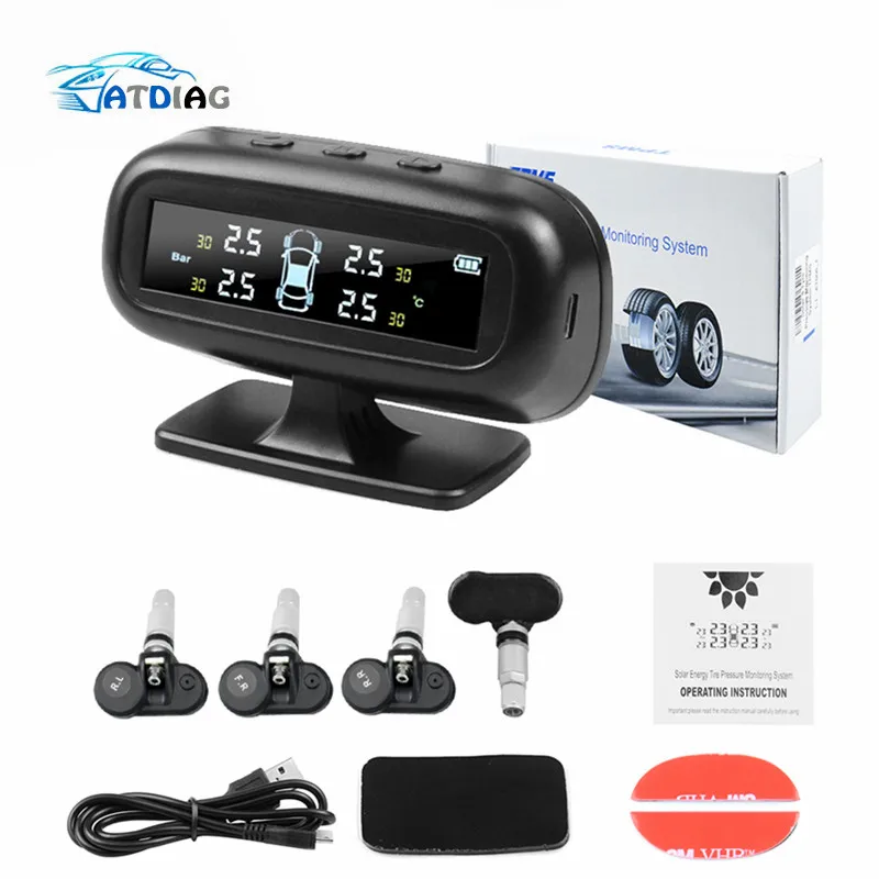 Автомобильное давление в шинах, солнечная система TPMS, монитор, система, дисплей, интеллектуальПредупреждение предупреждение о температуре, с 4 датчиками, бар, ЖК-дисплей