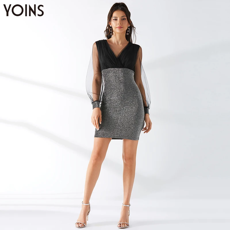 YOINS, Осень-зима, женские платья, сексуальные, ажурные, с v-образным вырезом, с блестками, украшенные, с длинным рукавом, черное платье, обычные, вечерние