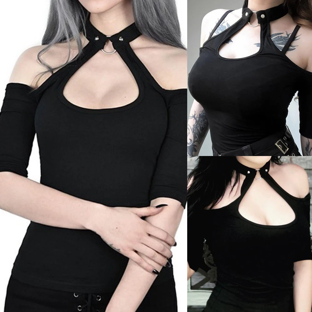 Black Sexy Shirt With Choker Women Short Sleeve Top Off Shoulder Gothic Solid Halter Top Buckle Neck Punk Vest Blouse Shirts