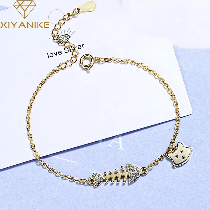 XIYANIKE 925 стерлингового серебра корейский милый кот рыба кристалл браслеты и