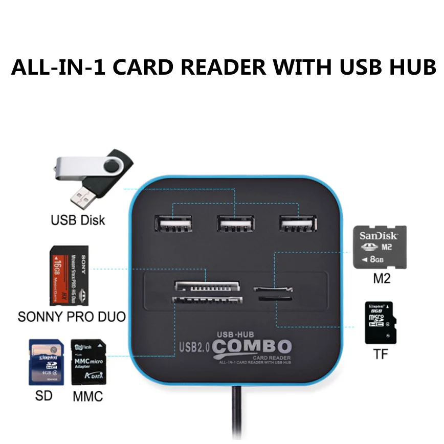 Grwibeou-USB Hub Combo, 3 Portas, USB 2.0, Leitor de Micro Cartões, SD, TF, Splitter, Tudo em Um para PC, Acessórios de Computador