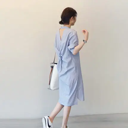 

Spring And Summer Shirt Dress Women's Mid-length Stripes Twist Fold Backless Dress Loose And Plus-sized Three-quarter-length Sle
