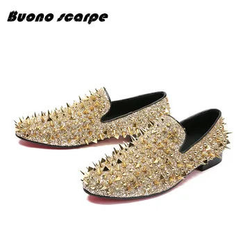 

2020New Spring autumn dress shoes for men spiked rivets studded slip on loafers gold black bling bling sequins causal shoes male